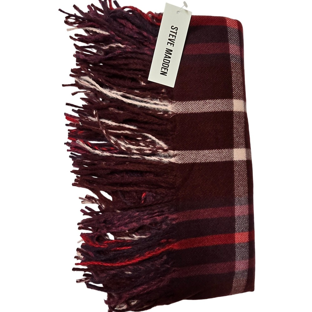 Steve Madden Bordeaux Fringe Plaid Blanket Scarf Burgundy Red Square Wrap NWT - Picture 3 of 10